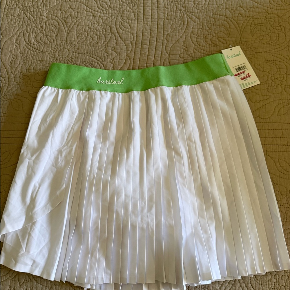 Barstool White Pleated Skirt with Green Waistband